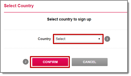 A popup to select a country for sign up.